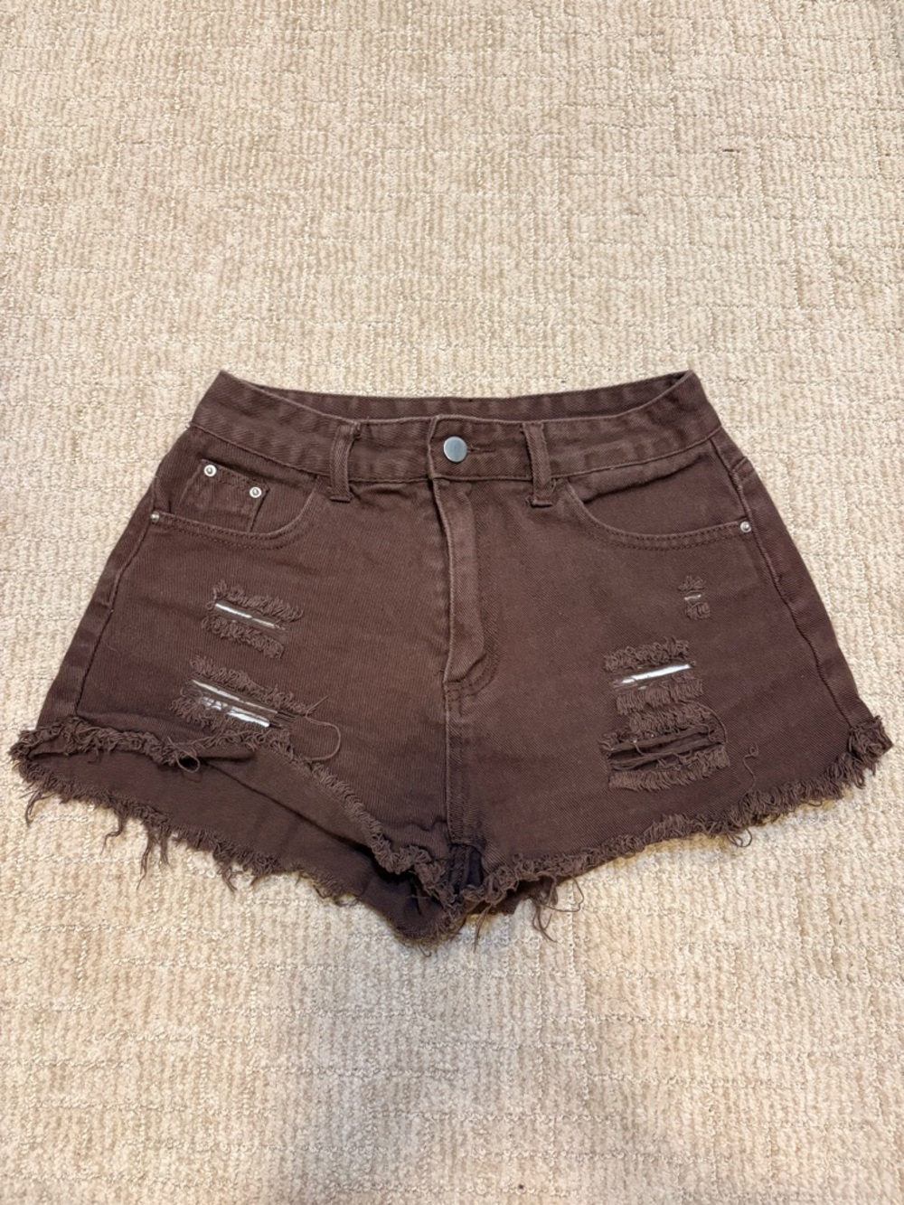 SHEIN Brown Distressed High-Rise Denim Shorts
